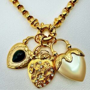 Vintage Joan Rivers Gold Necklace Heart 3 Padlocks Pendant Substantial Statement